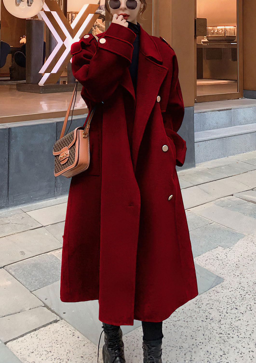 chouyatou Women's Winter Double Breasted Midi Long Wool Pea Coat Notch Lapel Winter Trench Coat