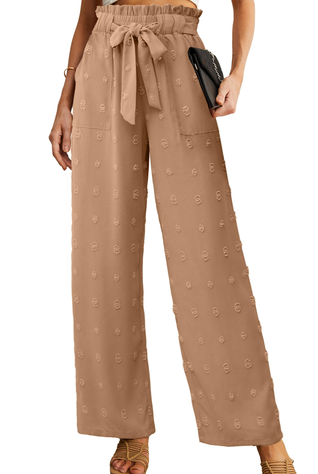 IWOLLENCE Women High Waist Palazzo Pants, Adjustable Knot Ankle Wide Leg Trousers Pockets Beach Vacation Lounge Office