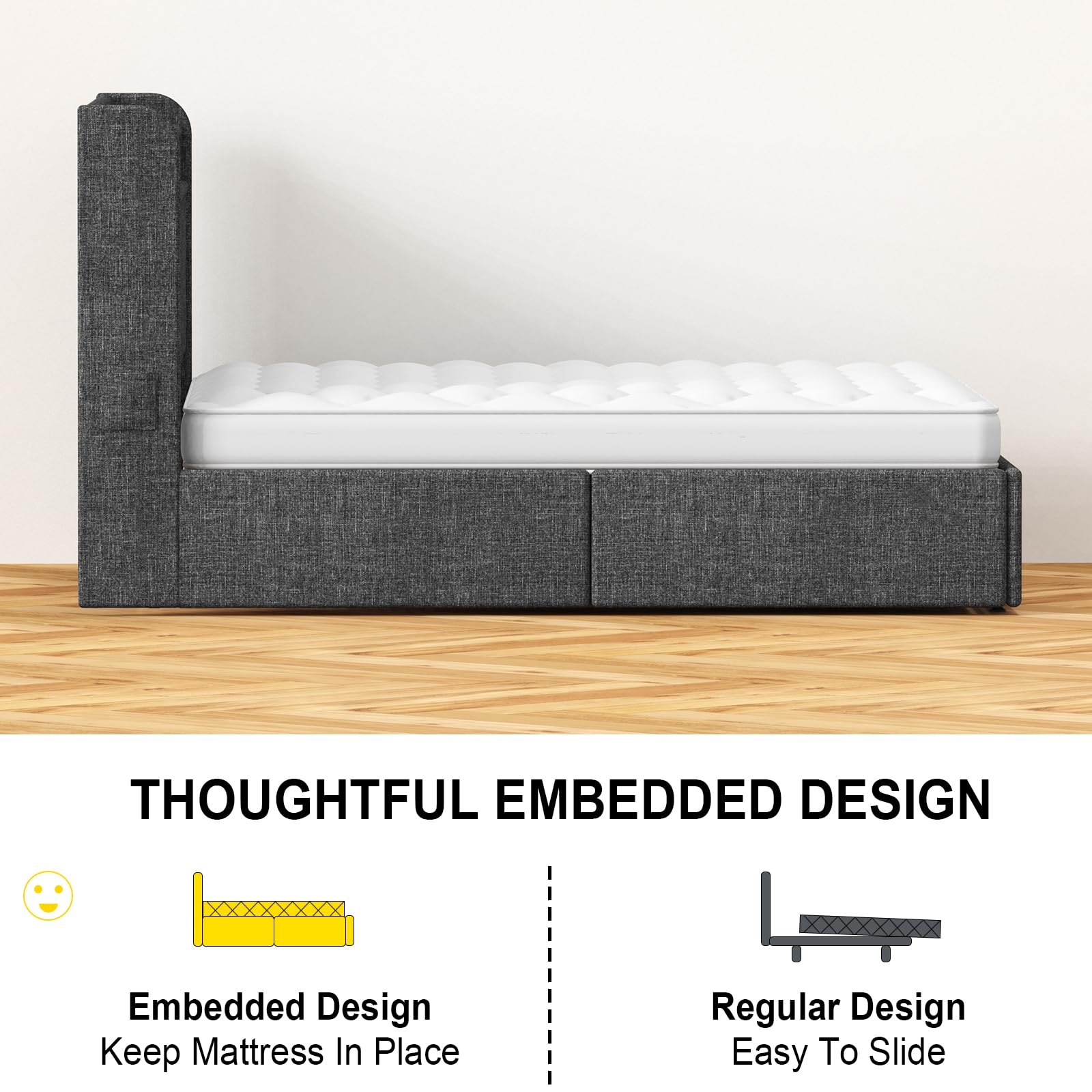 Queen Bed Frame 1500LBS Heavy Duty, 2-Tier Storage Headboard & 4 Drawers, Upholstered Metal Platform with Thicker Wooden Slats, Charging Station & LED Lights, No Box Spring Needed, Easy Assembly, Grey