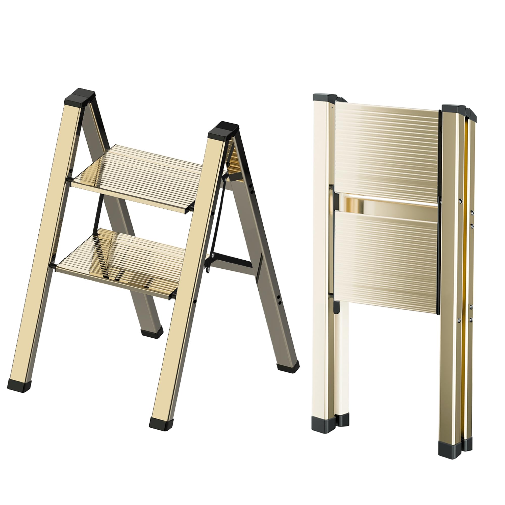 2 Step Lightweight Folding Ladder for Home, 330lbs Aluminum Step Ladder Anti-Slip for Kitchen, Step Stool Foldable Adults for Closet, 330lbs - Black