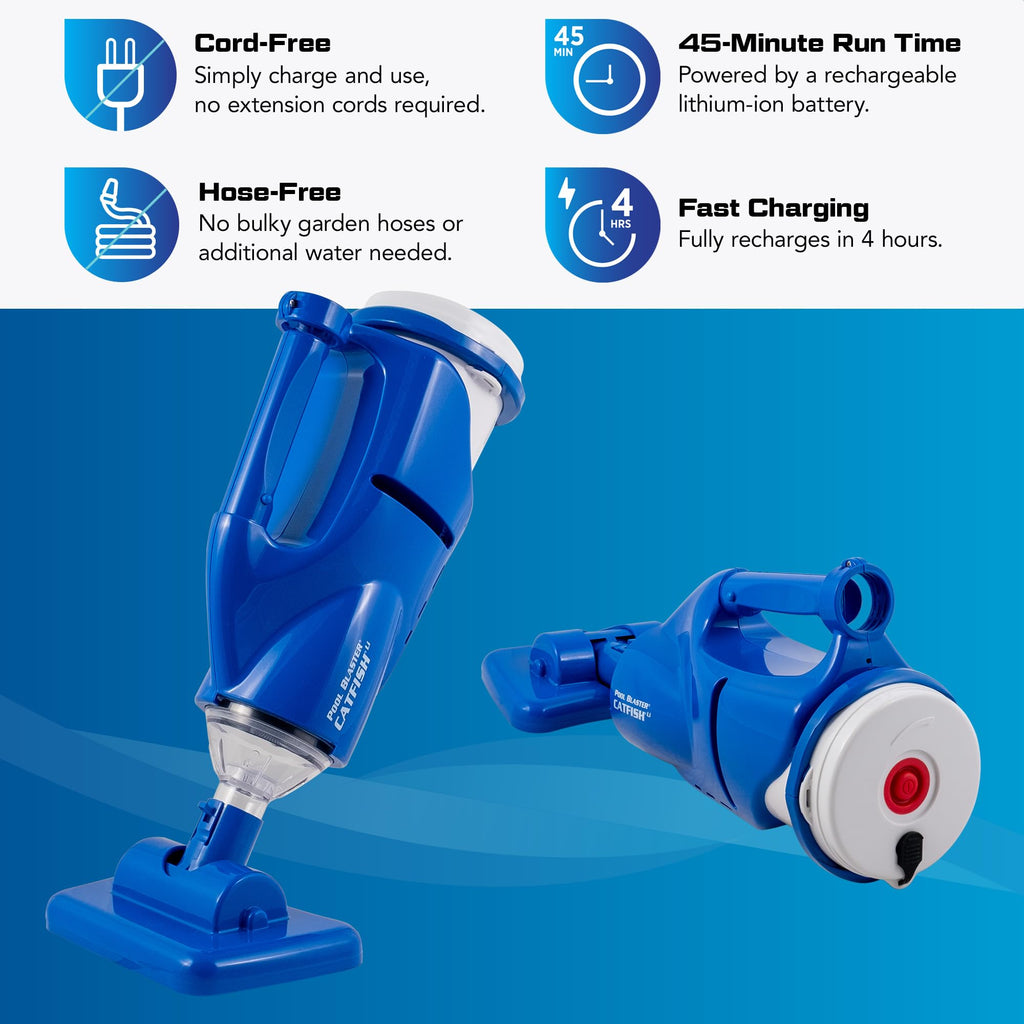 POOL BLASTER Catfish Cordless Pool Vacuum for Spot-Cleaning, Hot Tubs & Spas, Handheld Rechargeable, up to 45 Min Runtime, Quick, Efficient Swimming Pool Cleaner, Above Ground & Inground Pool Steps