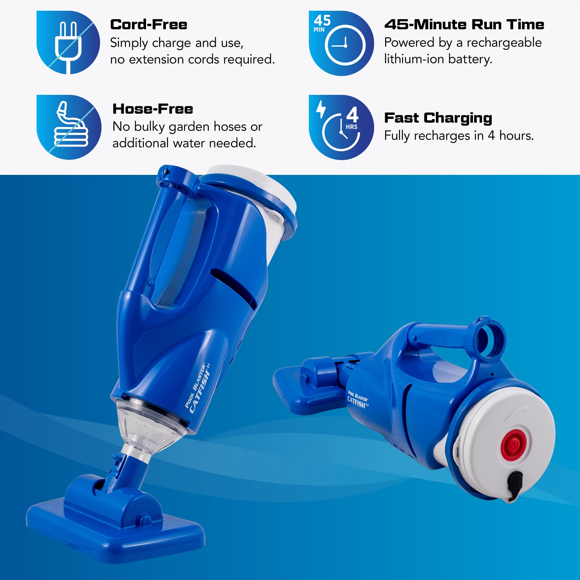 POOL BLASTER Catfish Cordless Pool Vacuum for Spot-Cleaning, Hot Tubs & Spas, Handheld Rechargeable, up to 45 Min Runtime, Quick, Efficient Swimming Pool Cleaner, Above Ground & Inground Pool Steps