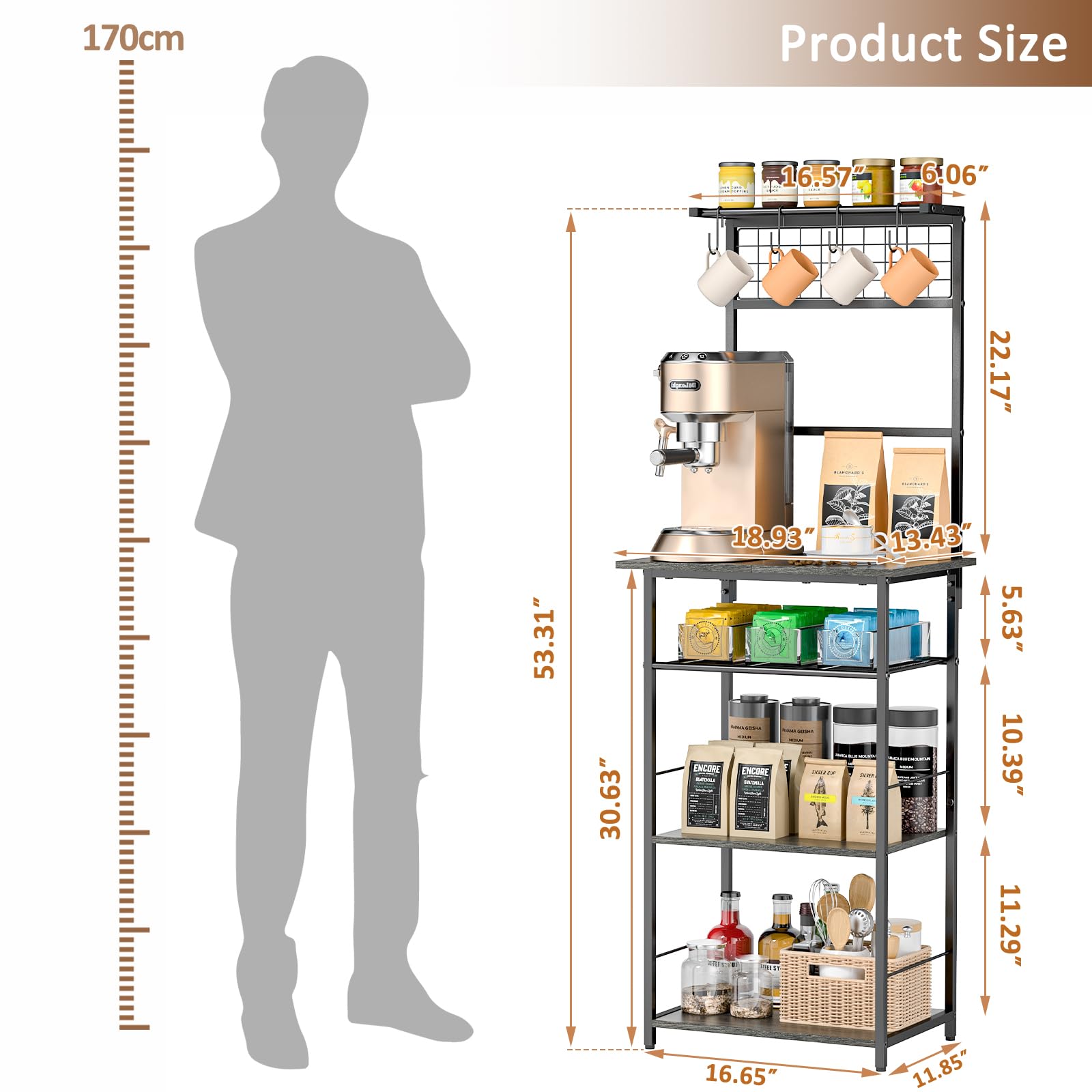 5 Tier Coffee Bar Station, Kitchen Stand with 4 S-Shaped Hooks, Farmhouse Corner Coffee Bar Cabinet for Small Spaces, Bakers Rack for Kitchen, Entryway, Living Room, 13.43"D x 18.93"W x 53.31"H