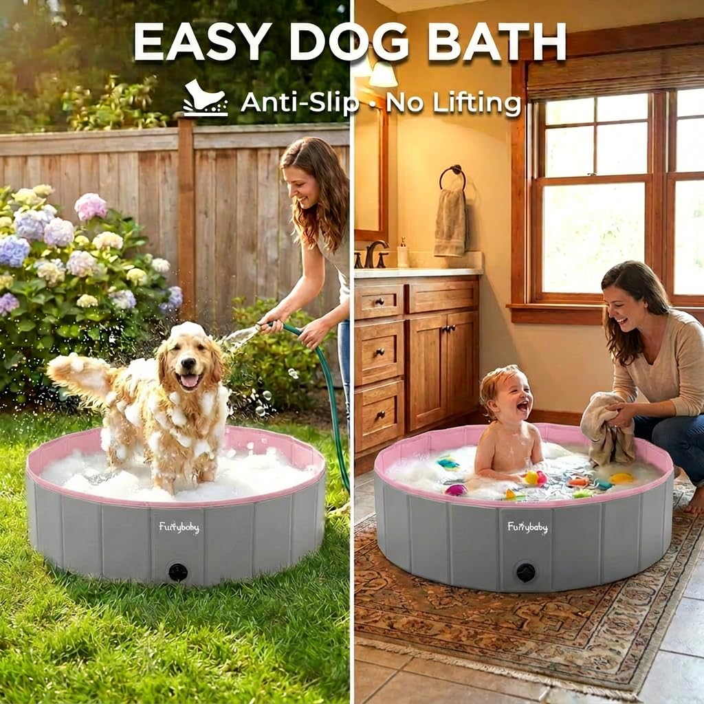 Foldable Dog Pool, Hard Plastic Kiddie Pool for Dogs, Collapsible Dog Pool with Rigid PP Core, Non-Slip PVC, Durable Pet Bath Tub for Indoor/Outdoor Backyard, 32" Green