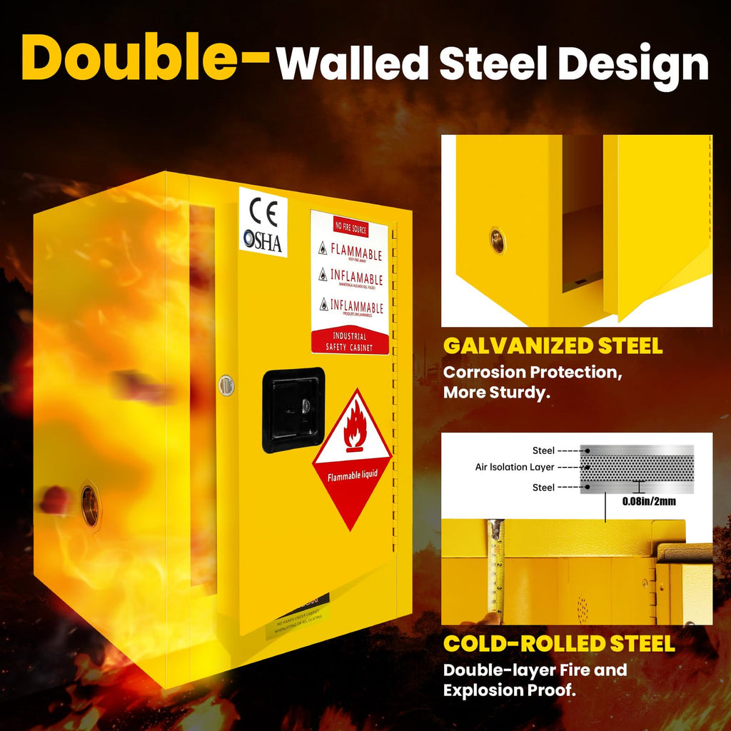16 Gallon Flammable Storage Cabinet 18"x18"x23", Galvanized Steel, Flammable Safety Cabinet with Adjustable Shelf, for Industrial and Home Use, Yellow