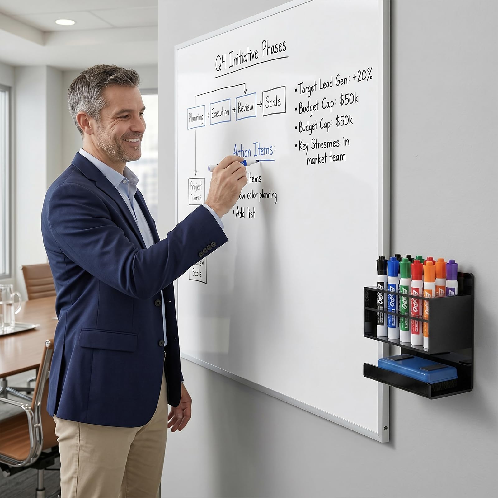 MyGift Dry Erase Marker Holder 10 Slots Whiteboard Marker Holder for Wall Dry Erase Eraser Holder Wall Mount Black