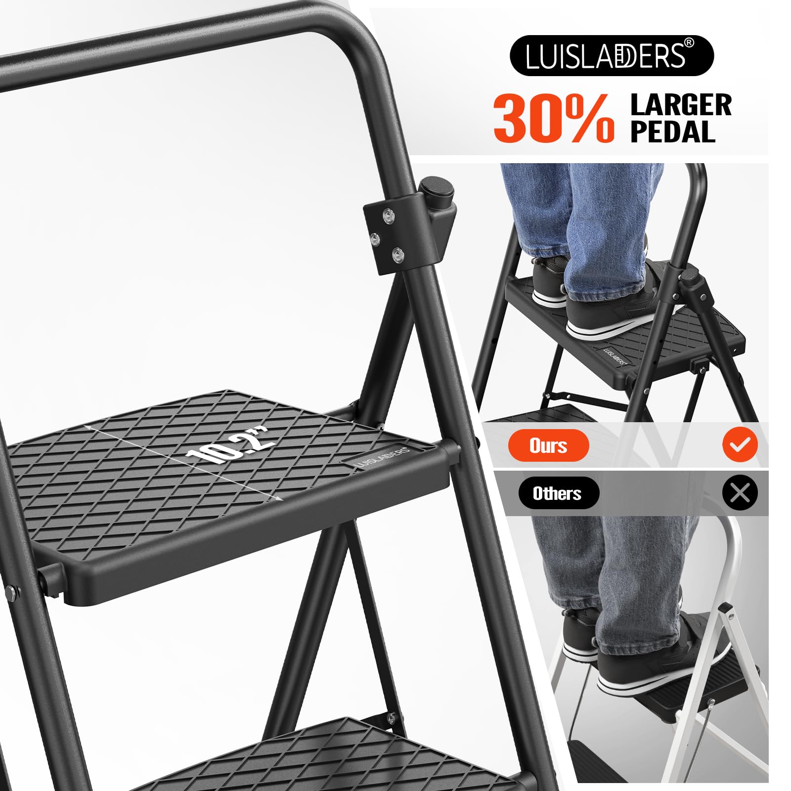 LUISLADDERS 3 Step Ladder with Handrails, Folding Step Stool with Widened Anti-Slip Pedal, 500lbs Lightweight Step Ladder 3 Step Folding, Multi-use for Home Kitchen Pantry Office, Black