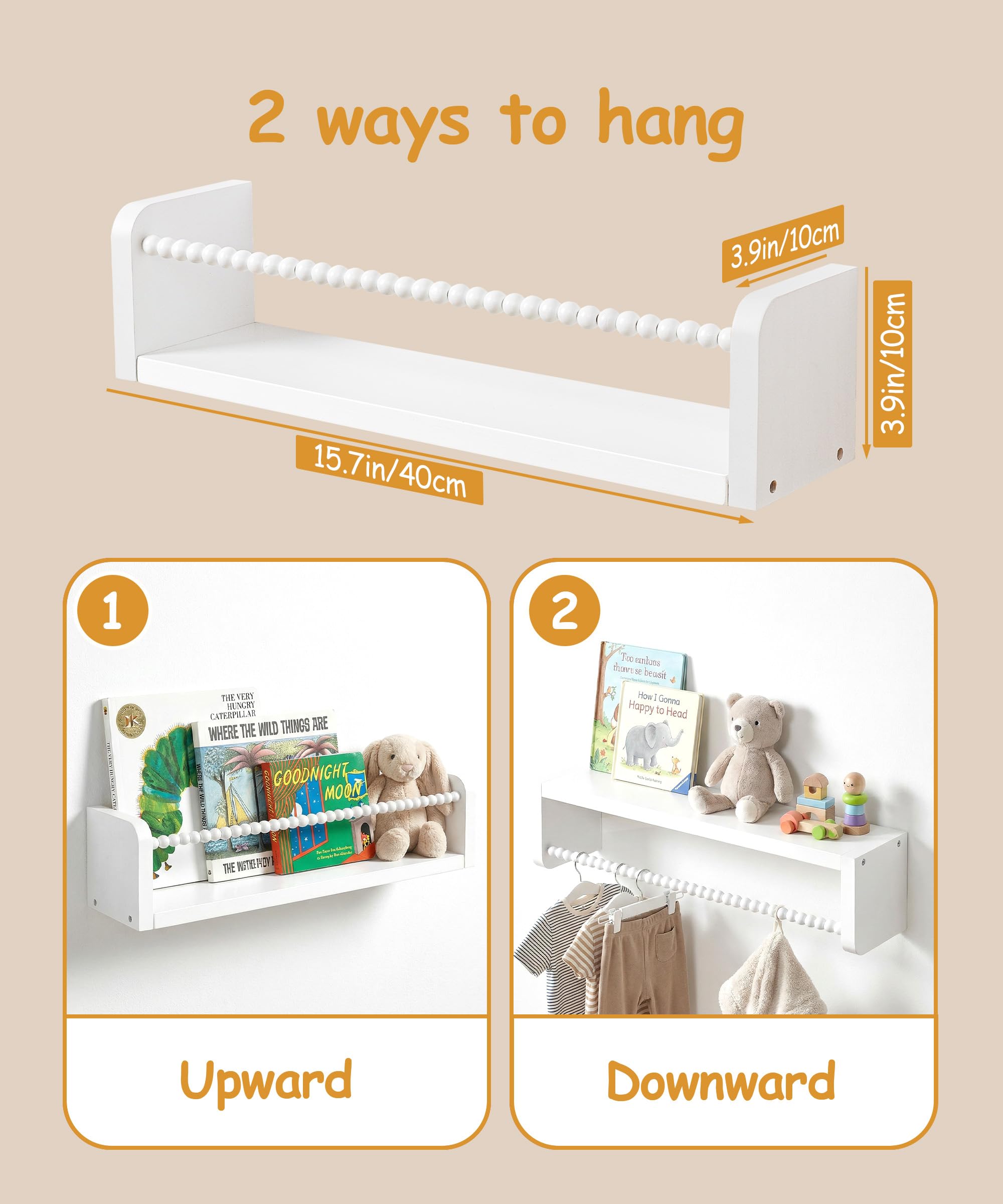 Nursery Book Shelves for Wall Set of 3, Natural Wood Bookshelves Wall Decor, Small Floating Shelf Organizer for Kids Room, Bedroom, Kitchen Spice Rack