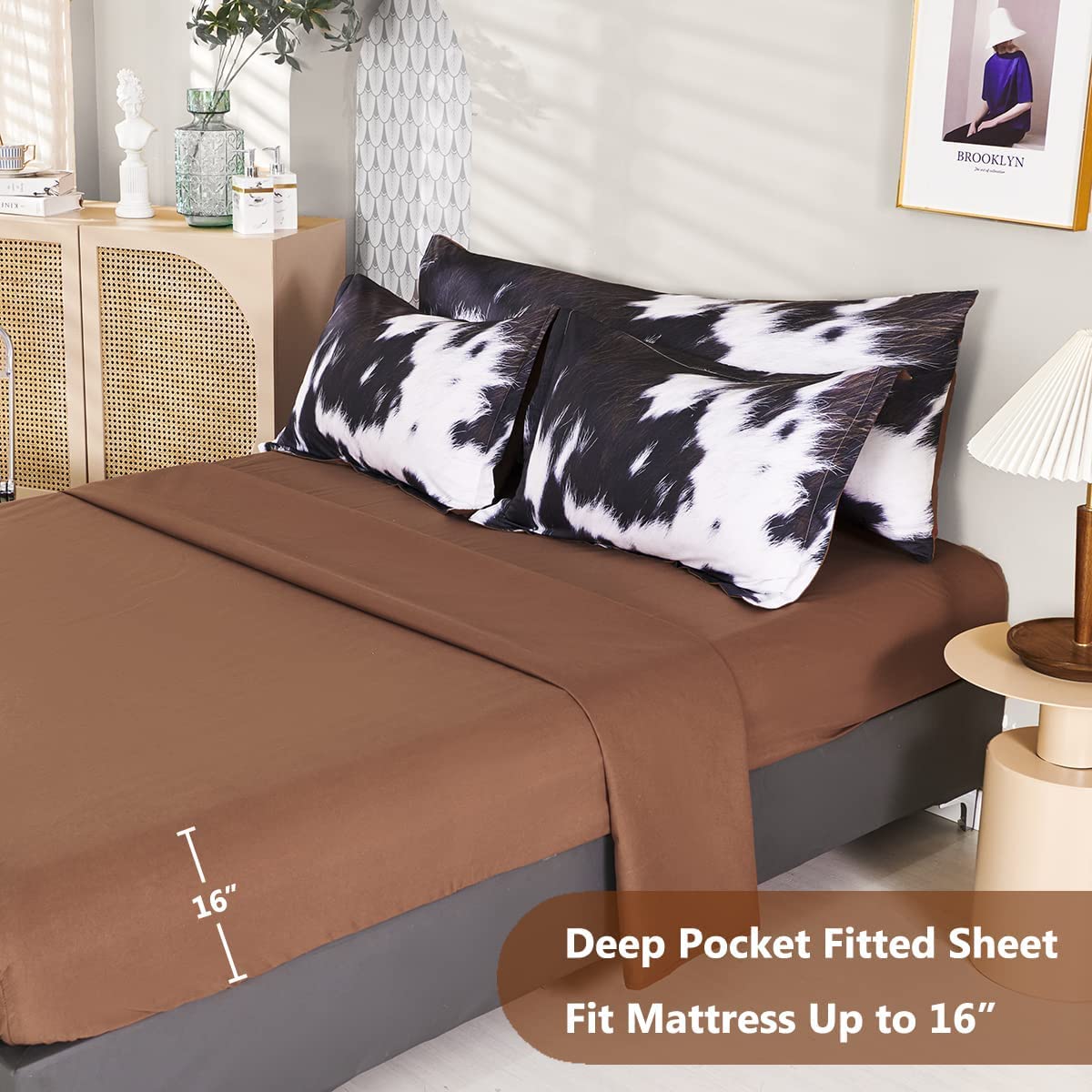 SUCSES Full Size Comforter Set with Sheets 8 Piece Cow Print Bedding Set for Boys Girls Black and White Kids Bed-in-A-Bag Farmhouse Rustic Bed Set for Bedroom (Milk Cow, Full)