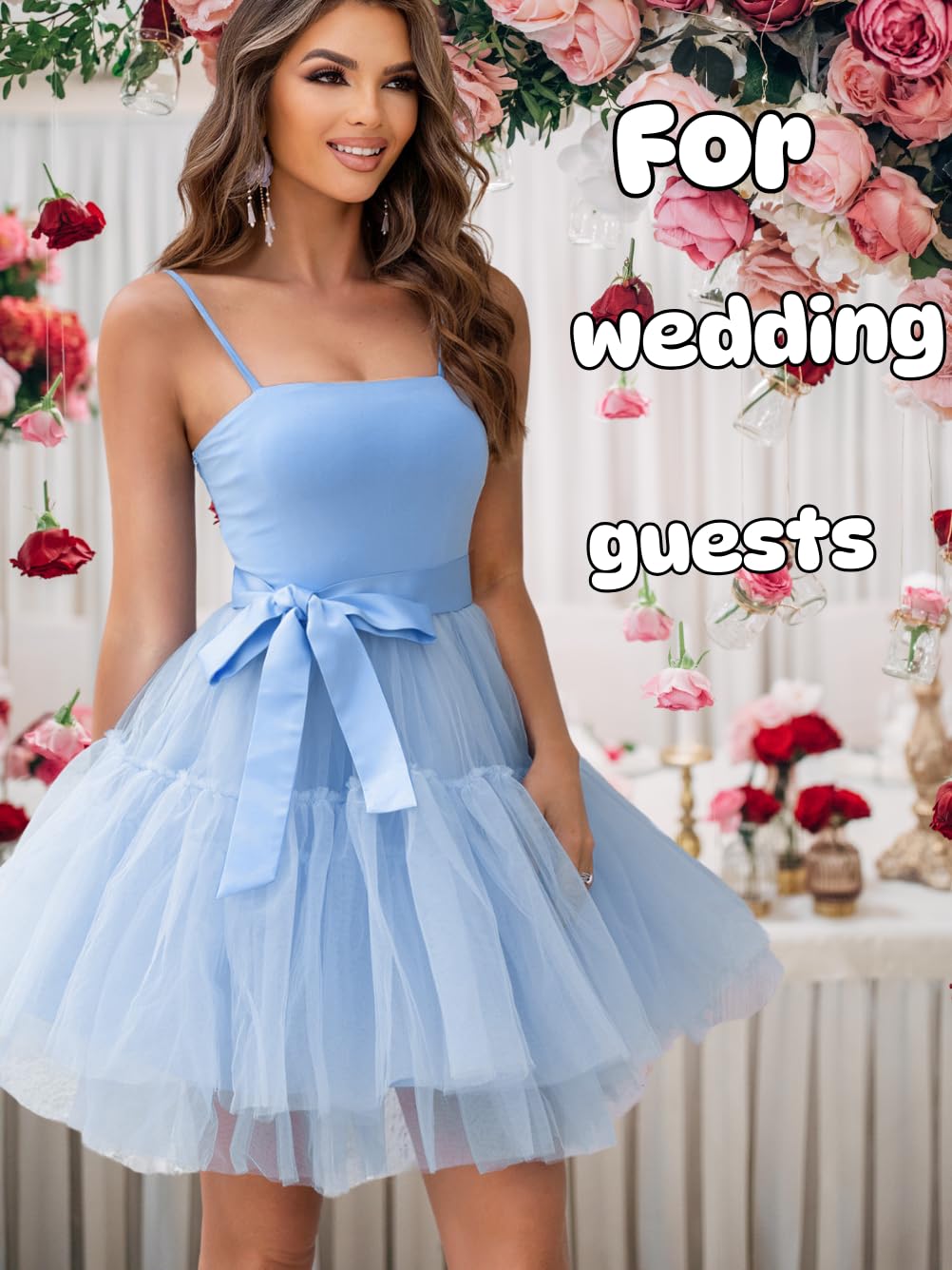 Kaei&Shi Poofy Short Tulle Dress,Spaghetti Strap Semi Formal Dresses for Women,Elegant Birthday Outfit Homecoming Cocktail