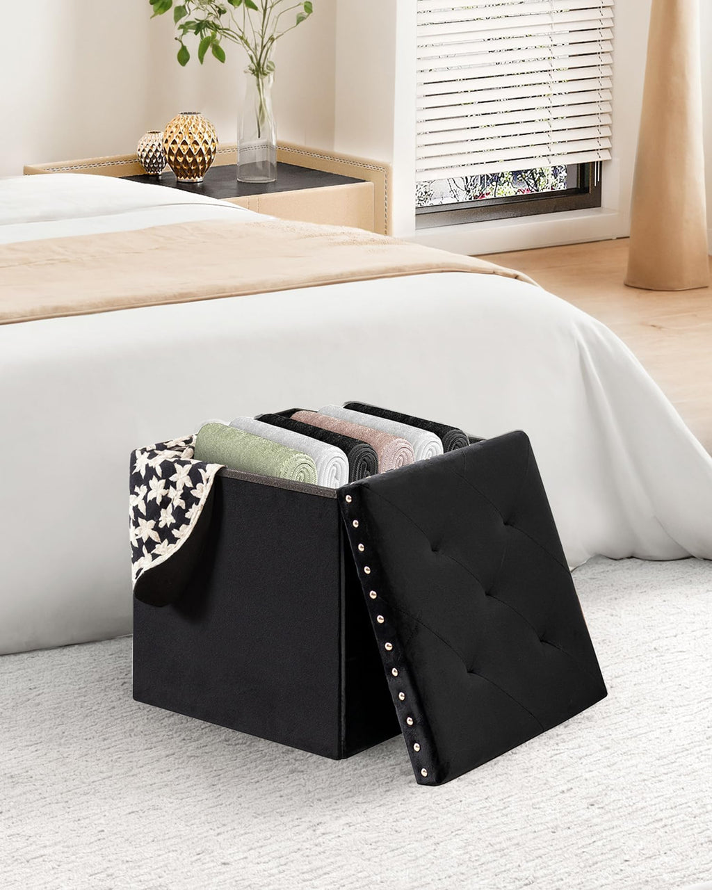 B FSOBEIIALEO Storage-Ottoman Cube-Folding Tufted - Ottomans with Storage, Coffee Table Top Cover, Storage Boxes Footrest Stool for Bedroom, Luxury Velvet Fabric 15.7 Inches Black