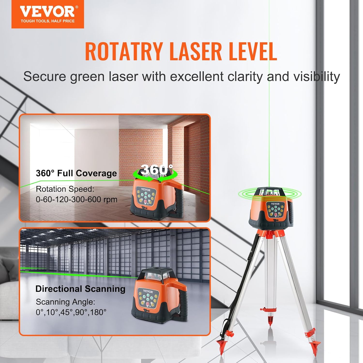 VEVOR Green Rotary Laser Level 2000ft, 360 Degree Self Leveling Laser Level Kit,with Surveying Tripod & 5m Staff, IP66 Waterproof Remote Control, 5 Rotation Speeds (Ship in Three Packages)