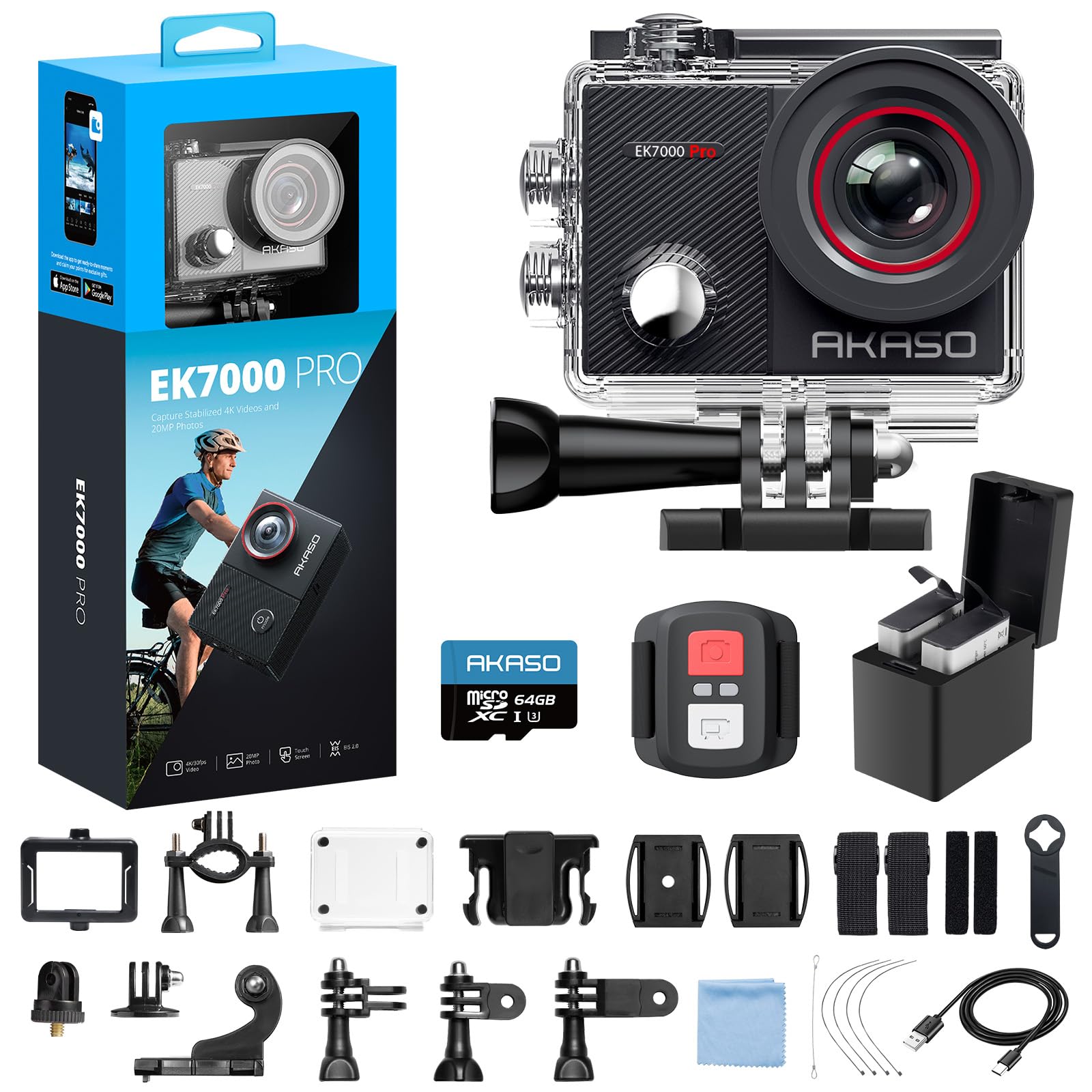 AKASO EK7000 Pro 4K30fps Action Camera with Touch Screen EIS 131ft Waterproof Underwater Camera Remote Control 5X Zoom with Helmet Accessories Kit (Standalone)