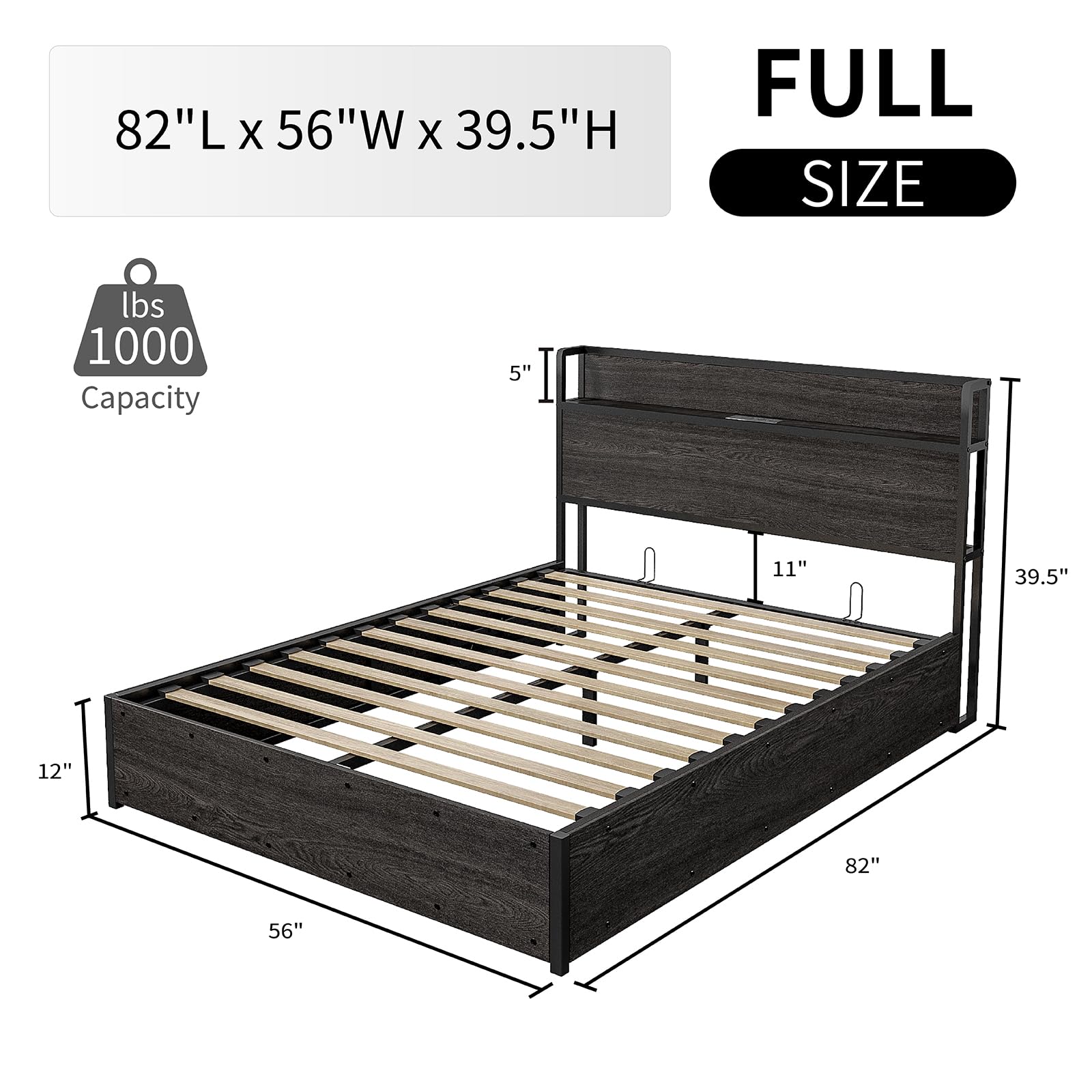 LUXOAK Full Size Lift Up Storage Bed, Wood Platform Bed Frame with Storage Headboard & Charging Station, No Box Spring Needed, Easy Assembly, Black