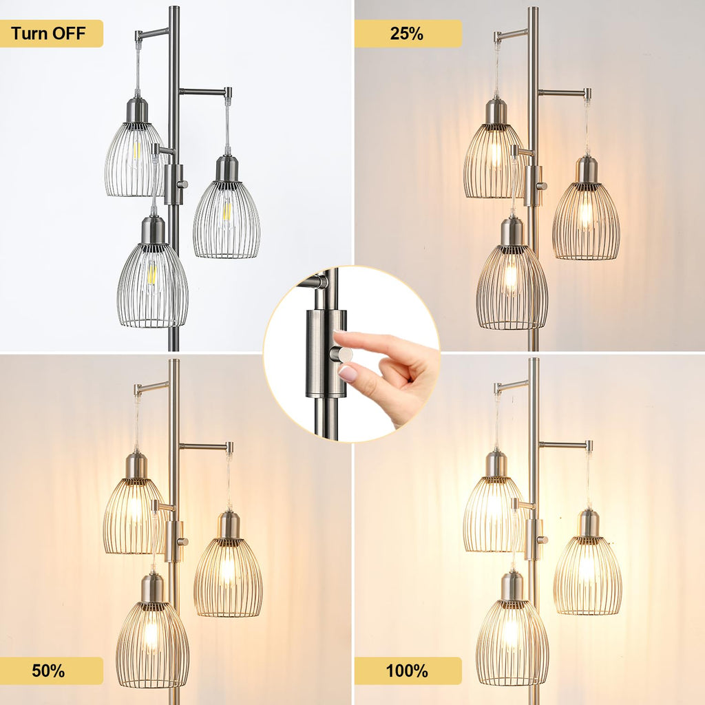 Dimmable Floor Lamp, 3 x 800LM LED Edison Bulbs Included, Farmhouse Industrial Floor Lamp Standing Tree Lamp with Elegant Teardrop Cage Tall Lamps for Living Room Bedroom Office Dining Room-Brass