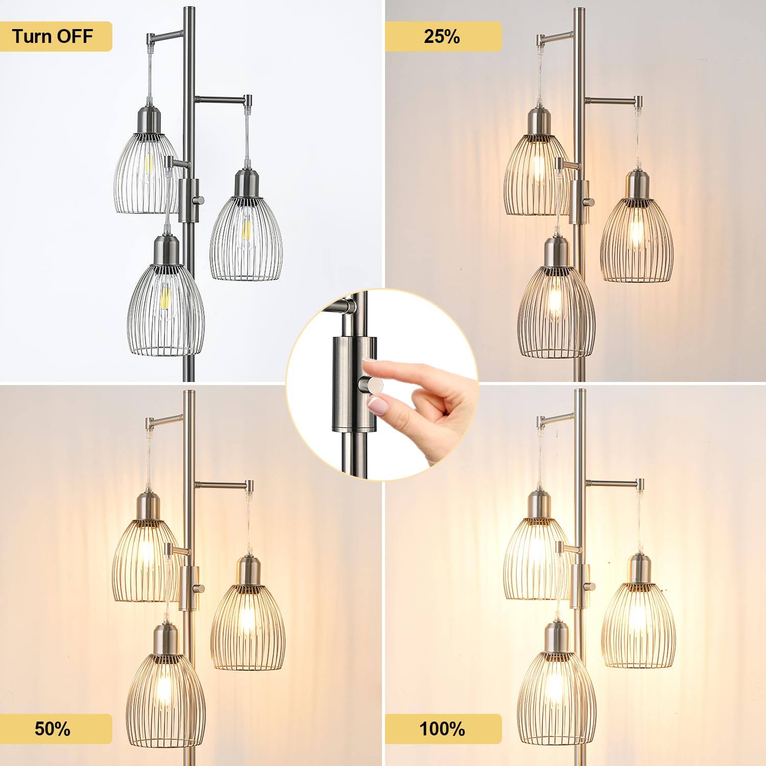 Dimmable Floor Lamp, 3 x 800LM LED Edison Bulbs Included, Farmhouse Industrial Floor Lamp Standing Tree Lamp with Elegant Teardrop Cage Tall Lamps for Living Room Bedroom Office Dining Room-Brass
