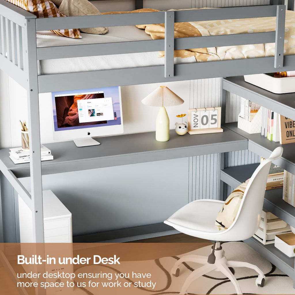 JOYMOR Low Loft Bed Twin Size with LED Lights, 4 Storage Shelves, Removable Curtain, Kids Wood Loft Bed with 15" H Safety Guardrail, Spave Saving, Mattress Not Included (Gray)