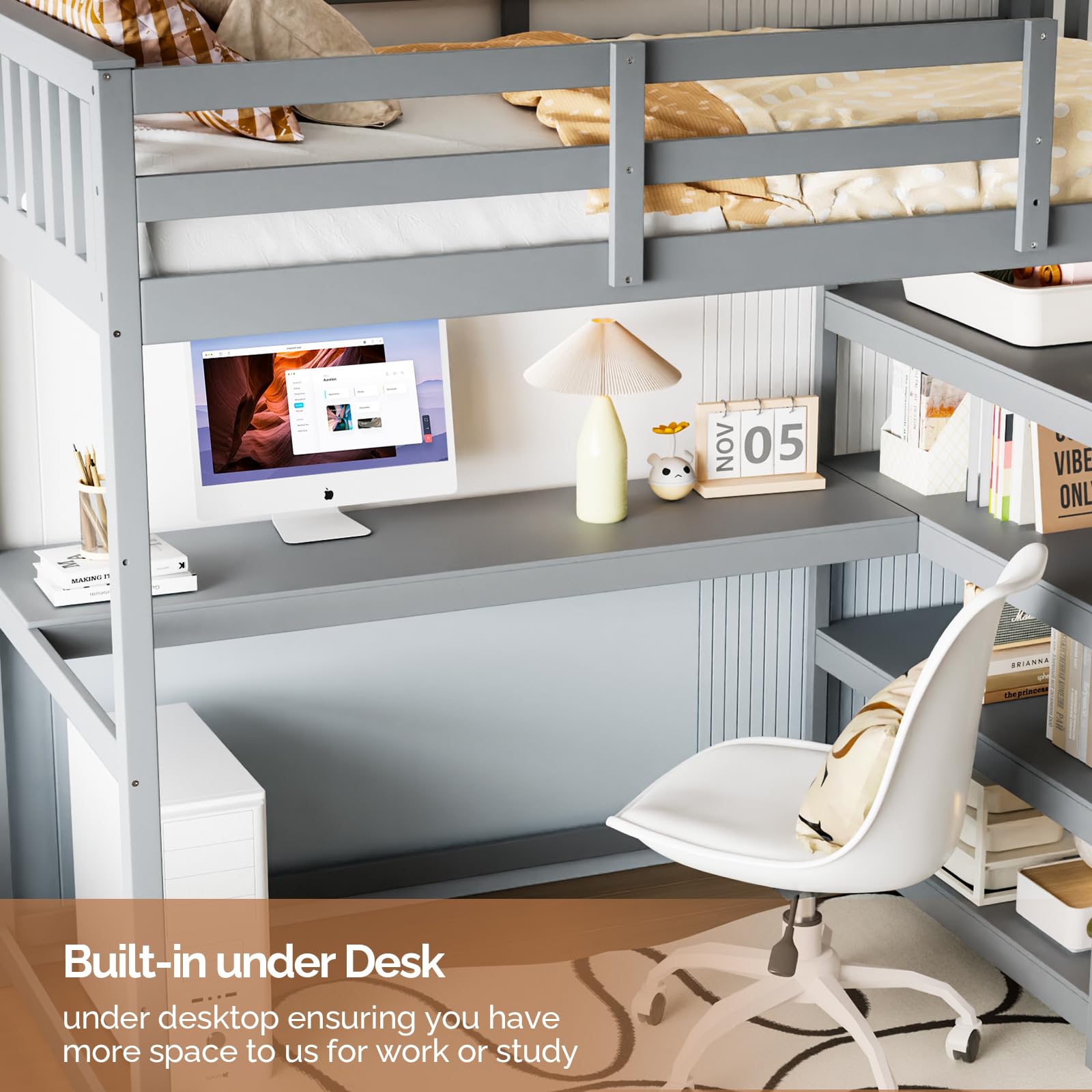 JOYMOR Low Loft Bed Twin Size with LED Lights, 4 Storage Shelves, Removable Curtain, Kids Wood Loft Bed with 15" H Safety Guardrail, Spave Saving, Mattress Not Included (Gray)