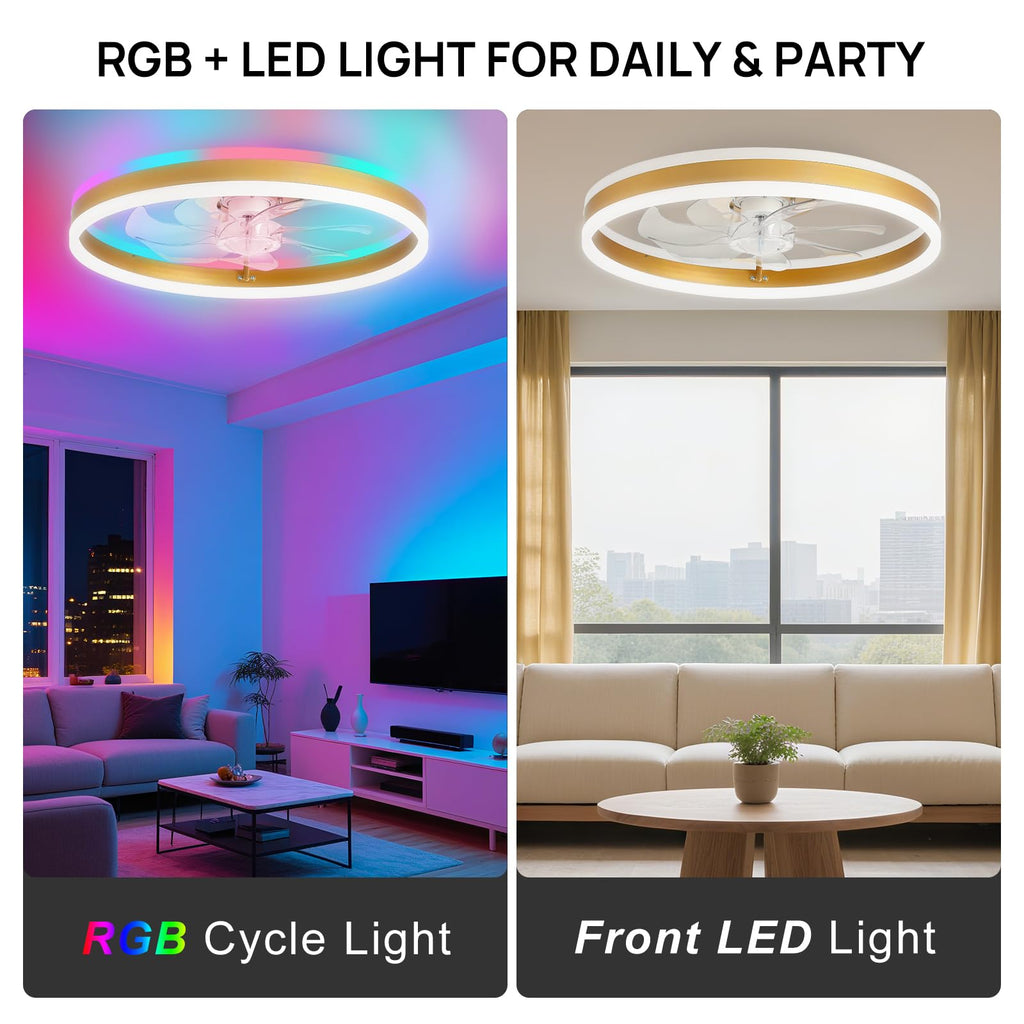 16 Inch RGB Low Profile Ceiling Fans with Lights, Modern Flush Mount Fandelier Chandelier Fixture, Remote & APP Control, Black LED Ceiling Fan Light for Bedroom, Living Room, Kitchen Indoor