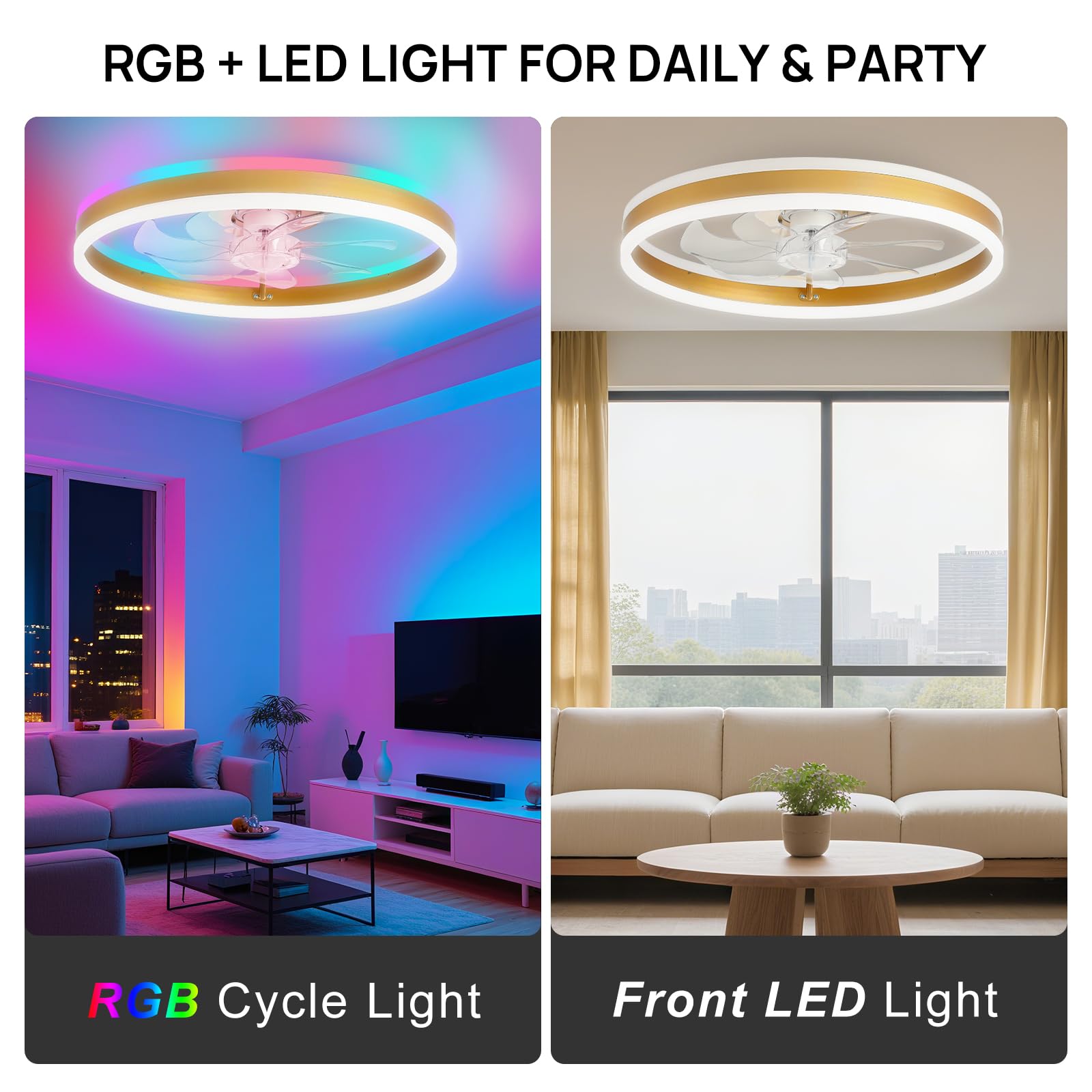 16 Inch RGB Low Profile Ceiling Fans with Lights, Modern Flush Mount Fandelier Chandelier Fixture, Remote & APP Control, Black LED Ceiling Fan Light for Bedroom, Living Room, Kitchen Indoor