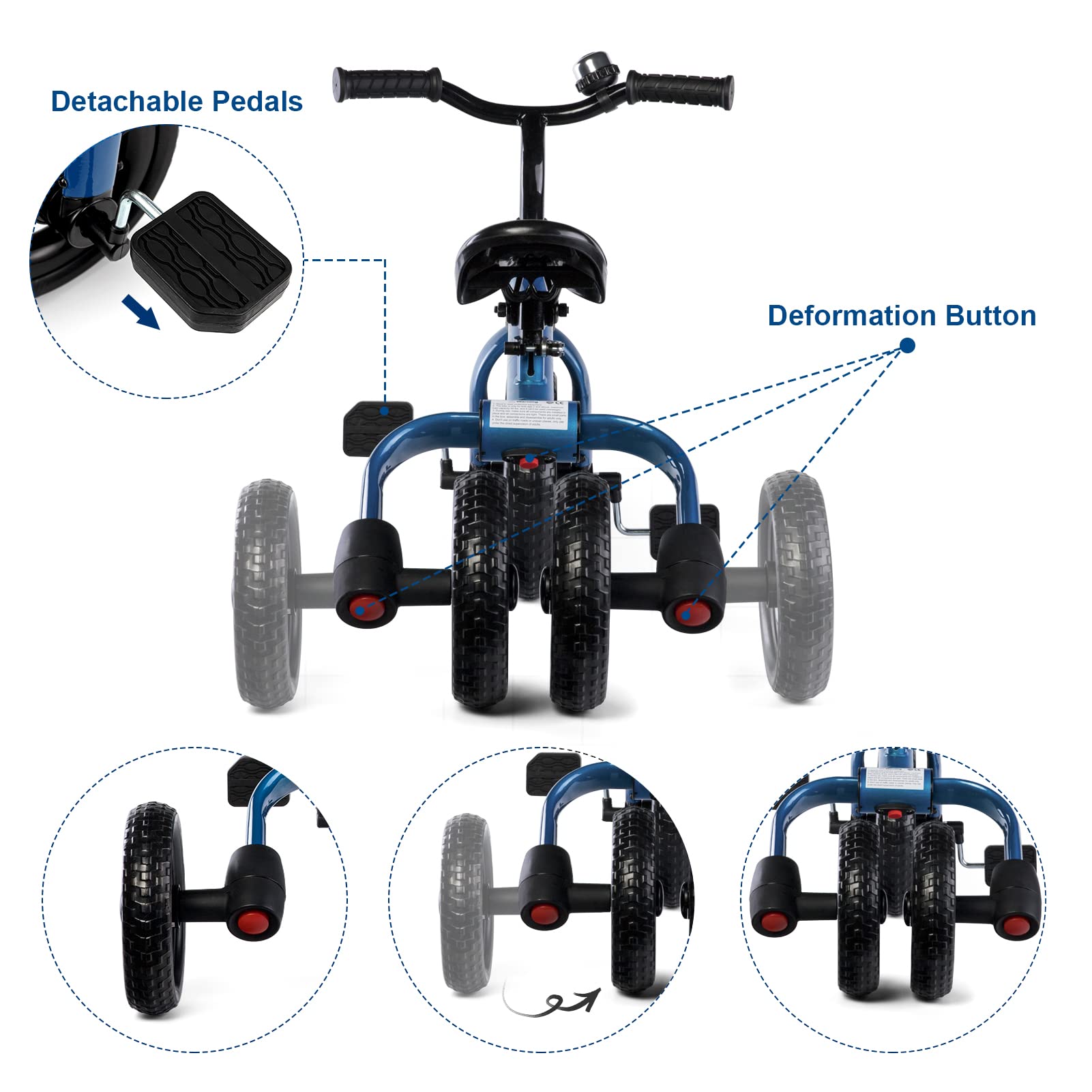 XPIY Tricycle for Toddlers Age 2-5 Years Old, 3 in 1 Folding Toddler Bike for Boys and Girls, Kids' Bike Trike with Detachable Pedal and Adjustable Seat (Blue)