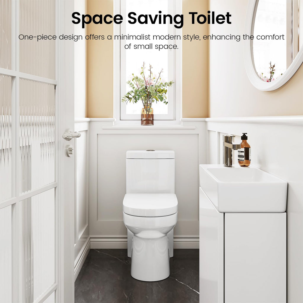 Compact One Piece Toilet for Bathroom, Space-Saving Powerful Dual Flush Round Small Toilet, Average 1.28 GPF, Skirted Design with Upgraded UF Quiet & Soft Close Seat (10" Rough-in Toilet)