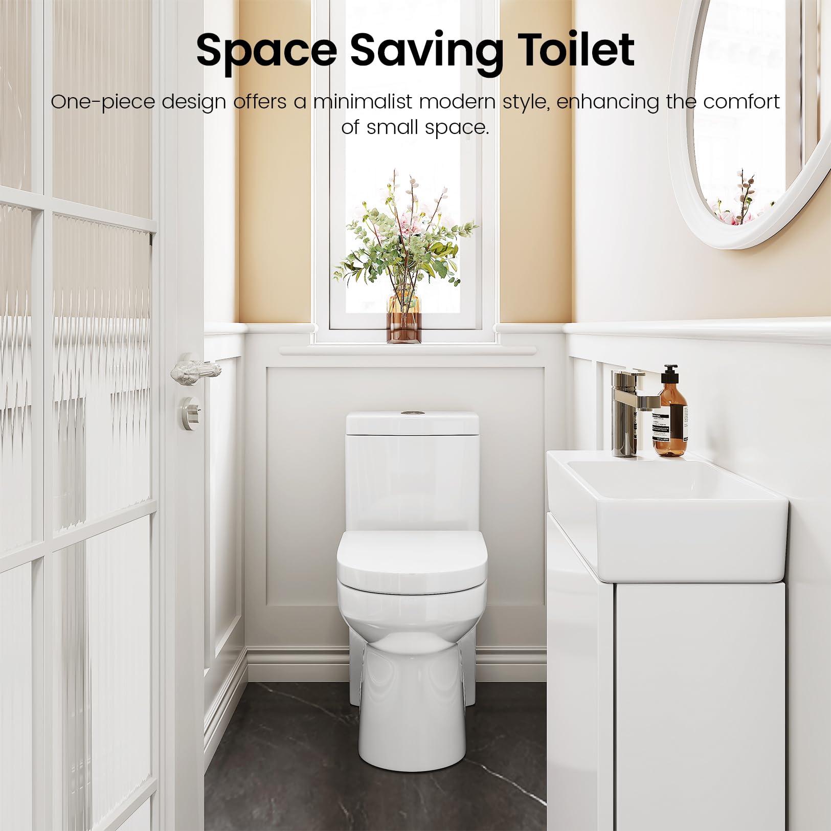 Compact One Piece Toilet for Bathroom, Space-Saving Powerful Dual Flush Round Small Toilet, Average 1.28 GPF, Skirted Design with Upgraded UF Quiet & Soft Close Seat (10" Rough-in Toilet)
