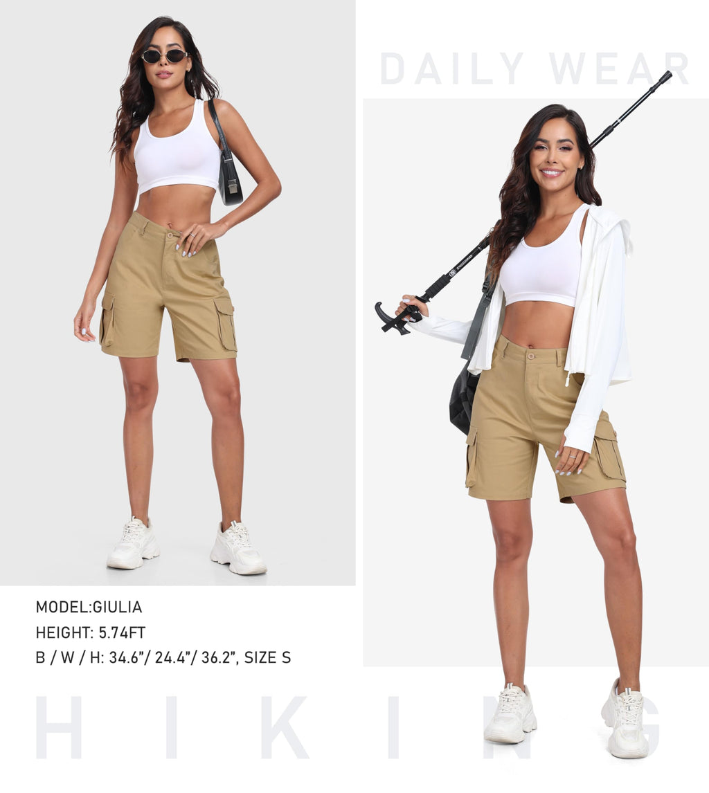 MoFiz Women's Cargo Shorts Bermuda Shorts Button Pockets Elastic Waist Knee Length Long Hiking Casual Shorts for Summer