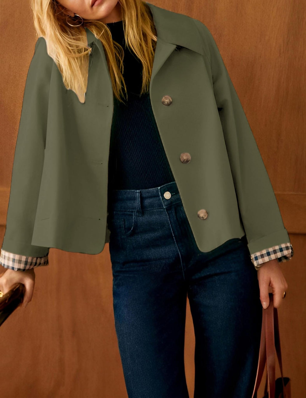 Yeokou Women Oversize Trench Coat Plaid Lining Lapel Button Down Casual Crop Jacket Outwear with Pockets