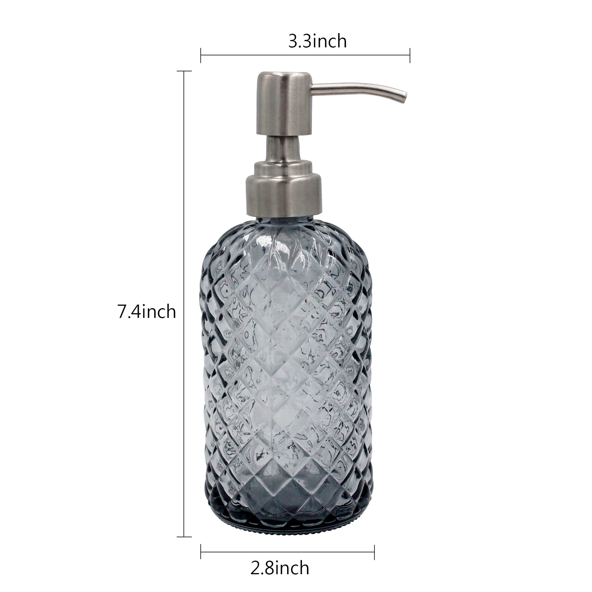 16 oz Diamond Pattern Glass Soap Dispenser, Kitchen and Bathroom Refillable Soap Dispenser with Rust Resistant Stainless Steel Pump for Hand Soap, Lotion Glass Liquid Dispenser(Amber)