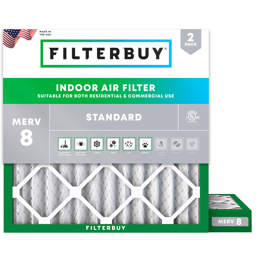 Filterbuy 8x14x1 Air Filter MERV 8 Essential Dust & Allergy Defense (2-Pack), Electrostatic Pleated HVAC AC Furnace Filters Replacement, Made in USA (Actual Size: 7.50 x 13.50 x 0.75)