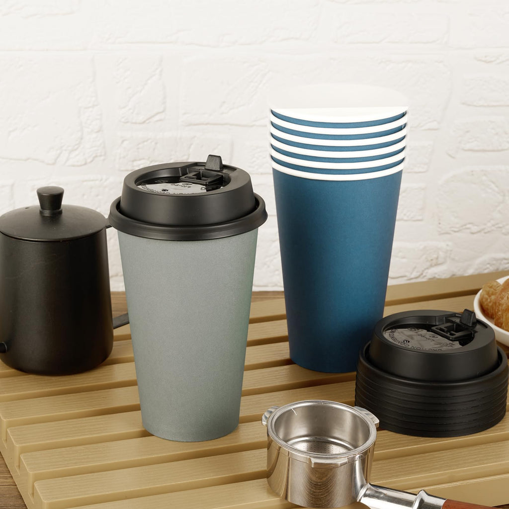 LITOPAK 100 Pack 10 oz Disposable Paper Coffee Cups with Lids for Coffee, Water, Juice, or Tea, Blue and Gray Hot Paper Cups for Home, Restaurant, Store, and Cafe
