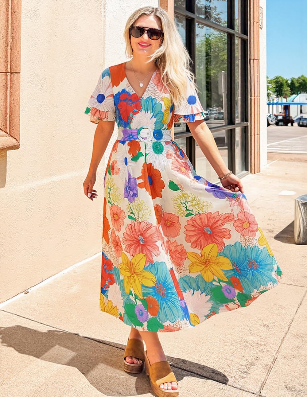 ZESICA Women's 2026 Summer Floral V Neck Midi Dress Boho Short Sleeve High Waist Flowy Beach Vacation Dresses with Belt