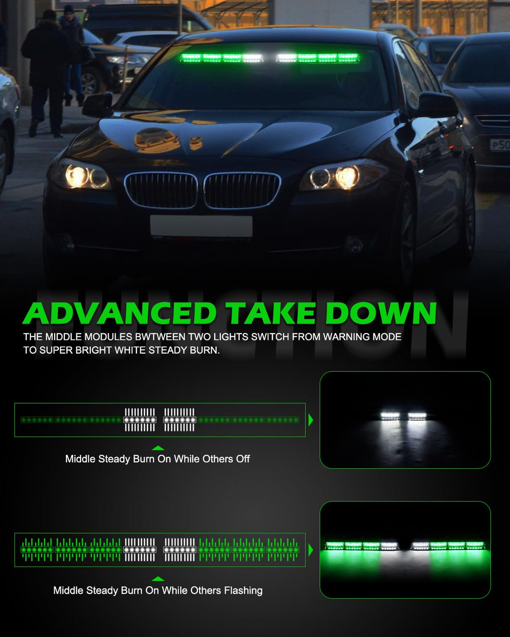 HLauto 604N Emergency Dash Strobe Lights: 2x16.8 inch Amber White Security Light w/Take Down, 48 LED Safety Flashing Warning Hazard Interior Windshield Light Bar for Truck Vehicle