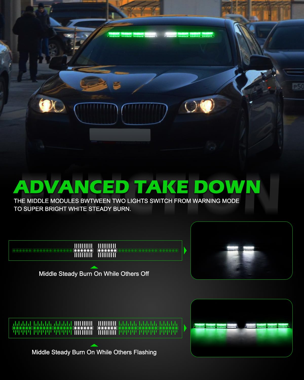 HLauto 604N Emergency Dash Strobe Lights: 2x16.8 inch Amber White Security Light w/Take Down, 48 LED Safety Flashing Warning Hazard Interior Windshield Light Bar for Truck Vehicle
