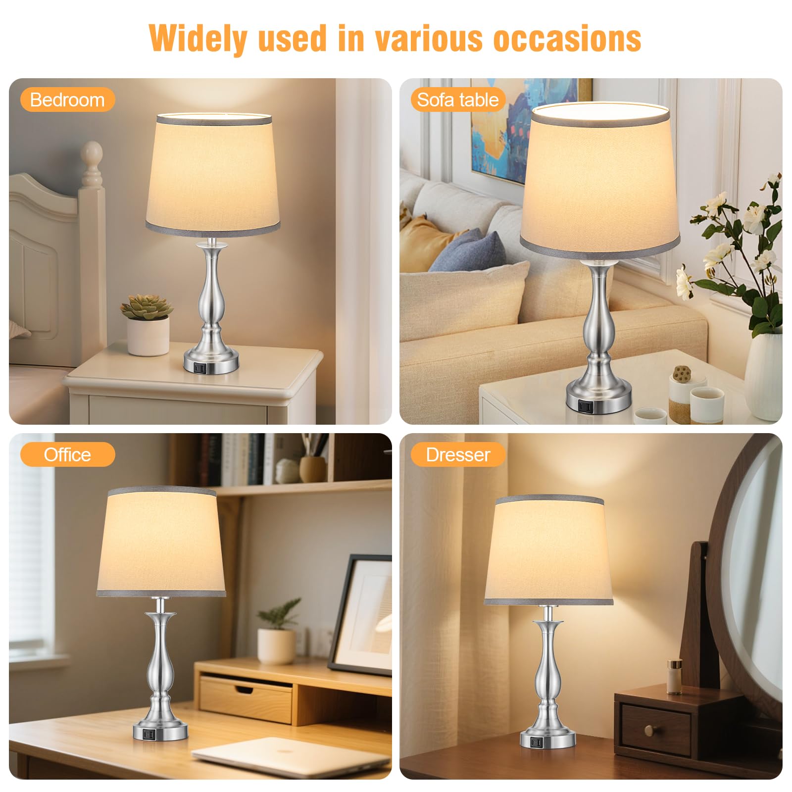 Bedside Table Lamp Touch Control Bedroom Lamps with USB A and C Charging Port 3 Way Dimmable Touch Lamps for Nightstand Living Room Bedroom Dorm Home Office Reading, Set of 2