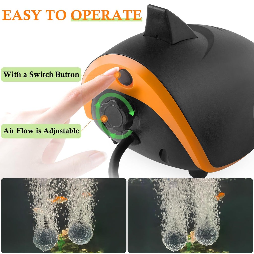HITOP 4W 110GPH Powerful Aquarium Air Pump, Quiet 2-outlets Aquarium Aerator, Adjustable Fish Tank Air Pump with Accessories, for 20-200 Gallon Tank, with ON/Off Button