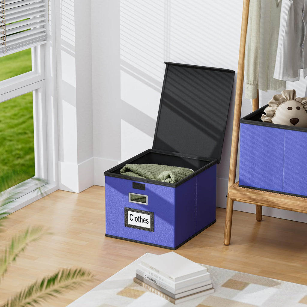 File Organizer Box with Lid, Collapsible Faux Leather Hanging File Folder Box Organizer with Plastic Slides, Decorative Home/Office Filing System Boxes for File and Folders Storage