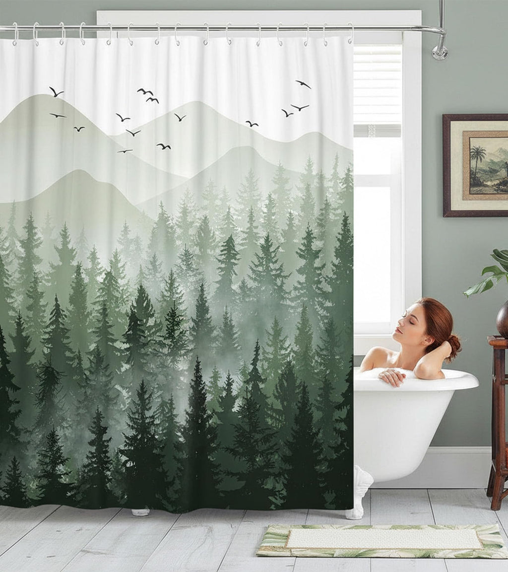 Stall Small Black and White Misty Forest Shower Curtain Ombre Gray Grey Mountain Pine Tree Waterproof Fabric Shower Curtains for Bathroom Nature Woodland Decorative Bath Curtain Decor 36×72 Inches