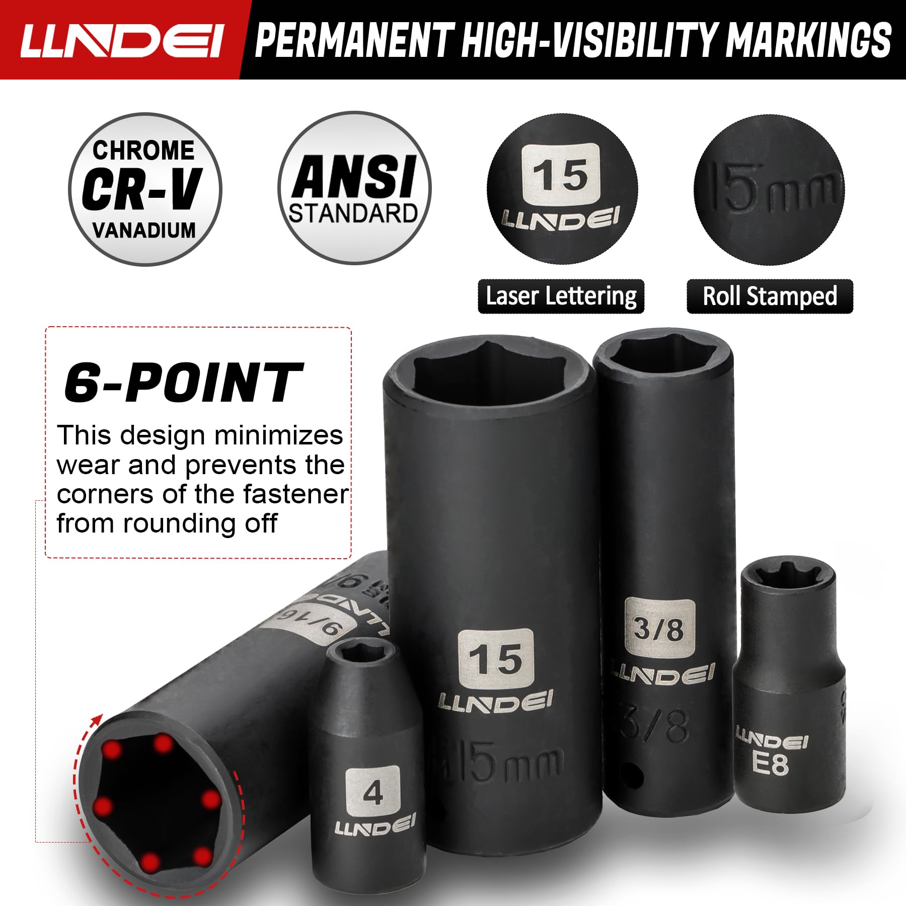 LLNDEI 1/2 inch Drive Deep Impact Socket Set, 37 Piece Standard SAE 3/8" to 1-1/4" | Metric 8 to 24mm, Includes Spark Plug Socket (16, 21mm), CR-MO Universal Joint, Extension Bars and Adapter