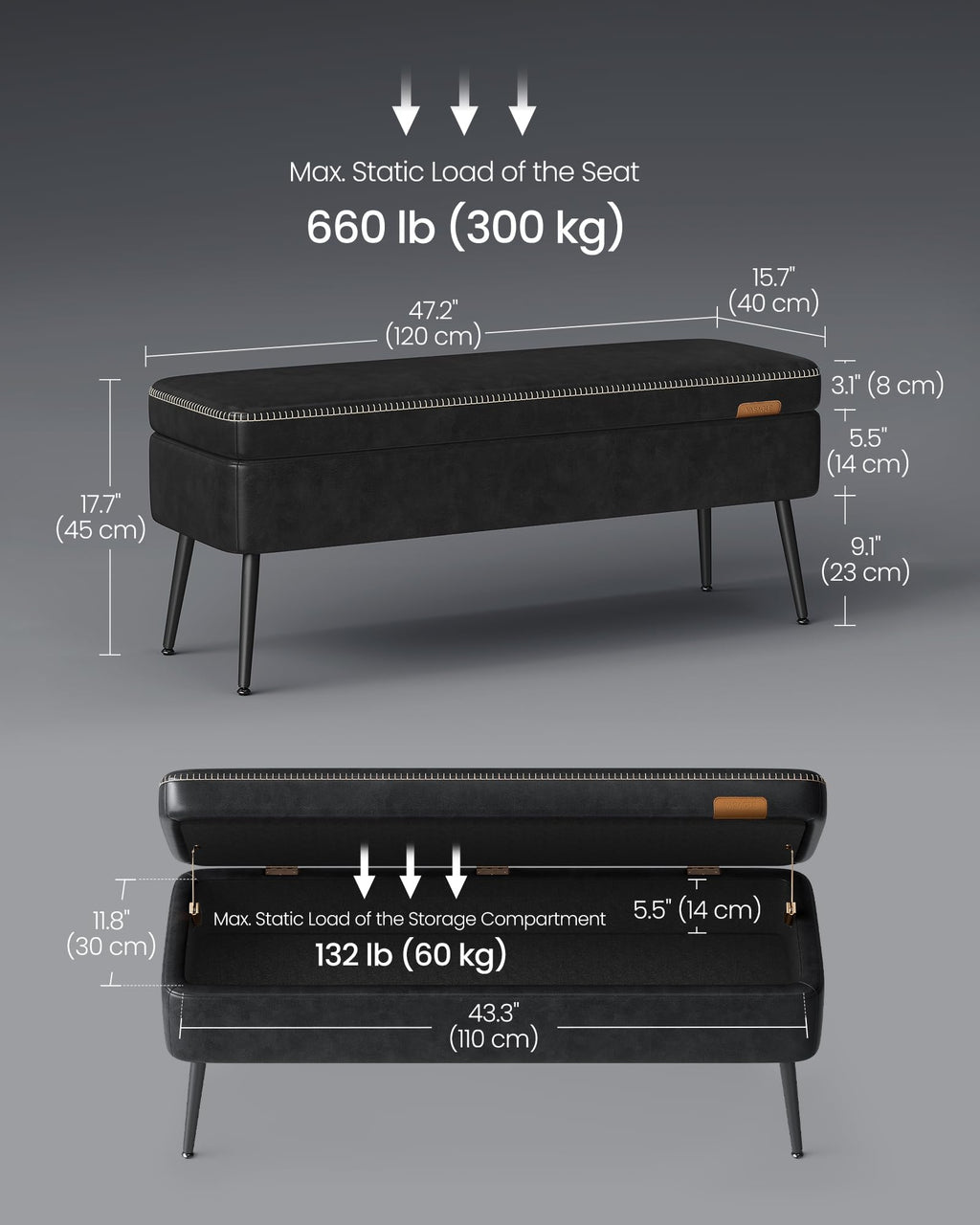 VASAGLE EKHO Collection - Storage Ottoman Bench, Entryway Bedroom Bench, 15 Gallons, Synthetic Leather with Stitching, Mid-Century Modern, Safety Hinges, Loads 660 lb, Caramel Brown ULOM074K01