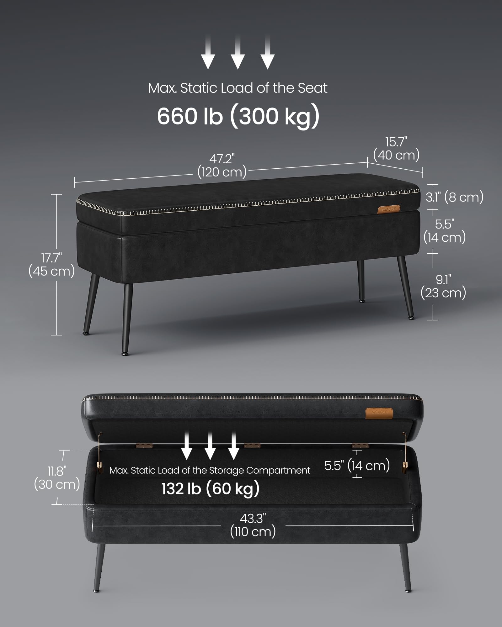 VASAGLE EKHO Collection - Storage Ottoman Bench, Entryway Bedroom Bench, 15 Gallons, Synthetic Leather with Stitching, Mid-Century Modern, Safety Hinges, Loads 660 lb, Caramel Brown ULOM074K01