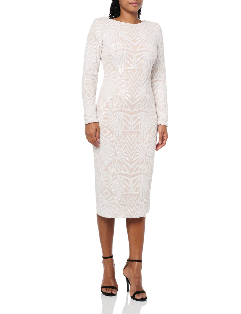 Dress The Population Womens Emery Long Sleeve Stretch Sequin Midi Sheath Ddr147