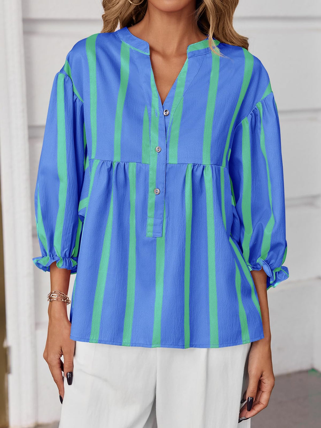Tankaneo Womens Puff Sleeve Babydoll Tops Summer V Neck Striped Blouse Cute Casual Loose Fit Flowy Shirts