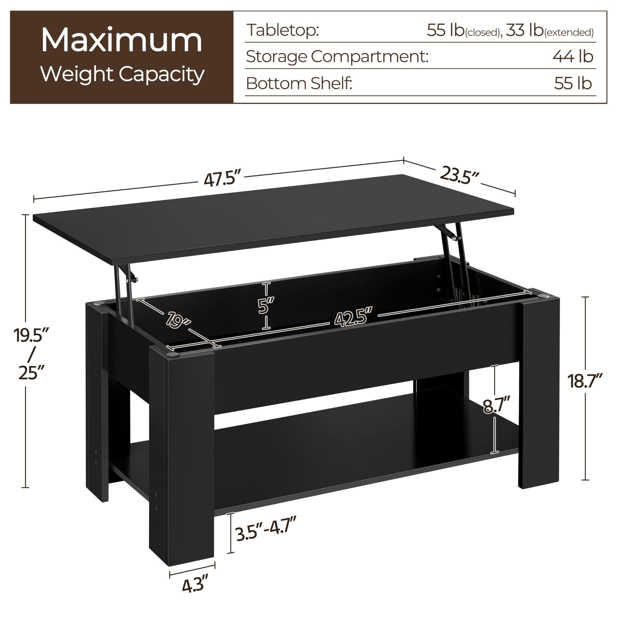 Yaheetech Wooden Coffee Table, Lift Top Coffee Table with Large Hidden Storage Shelf, Lift Tabletop Dining Tables for Living Room, Home Small Space, 38.6in, Black