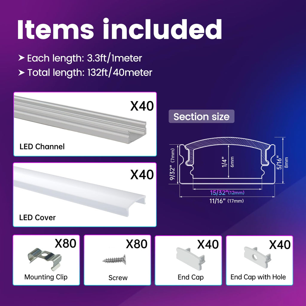 Muzata 10Pack 3.3FT/1M LED Channel Aluminum U Shape Silver LED Strip Diffuser Channel with Milky White Cover Easy Installation U1SW WW 1M