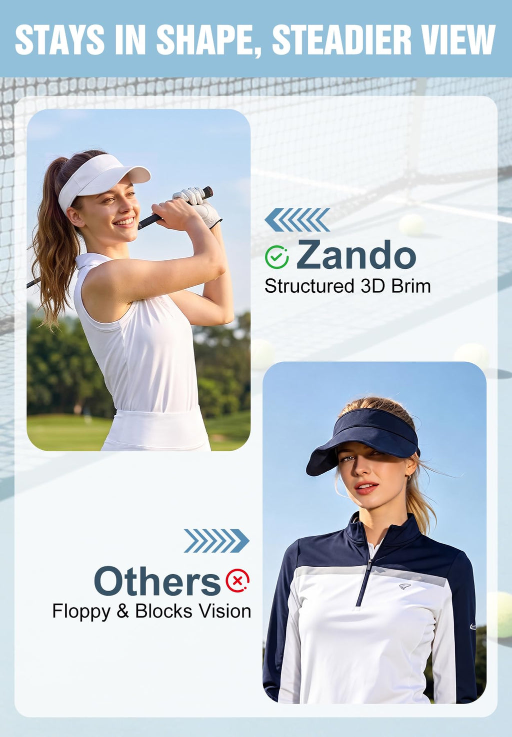 Zando 3.2" Structured Brim Sun Visor Hats for Women, Quick-Dry Lightweight Sports Visor for Golf, Tennis, Pickleball