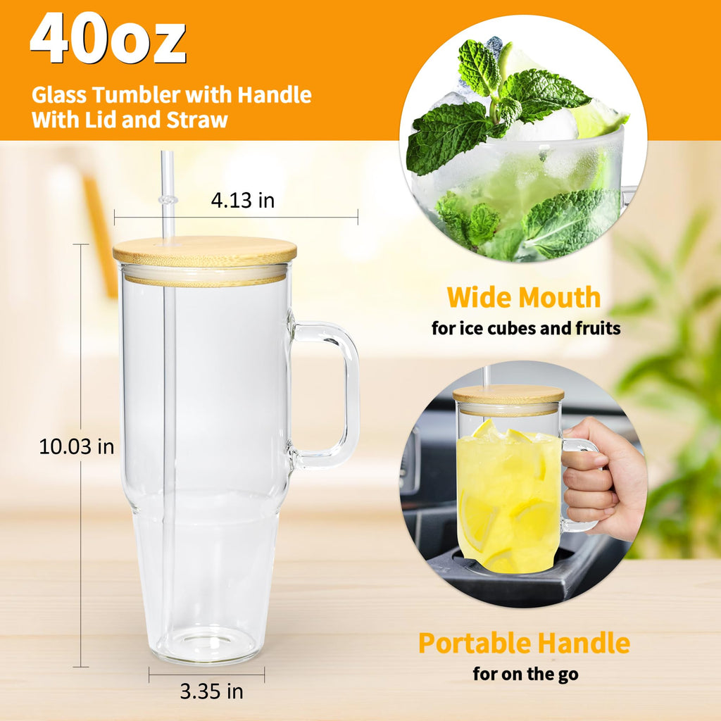 40 oz Glass Tumbler with Handle 12 Pack Glass Tumbler with Straw and Lid Clear Reusable Iced Coffee Cup, Fits Car Cup Holder, BPA Free, for Boba Tea, Juice, Smoothie, Beer(Sublimatable)