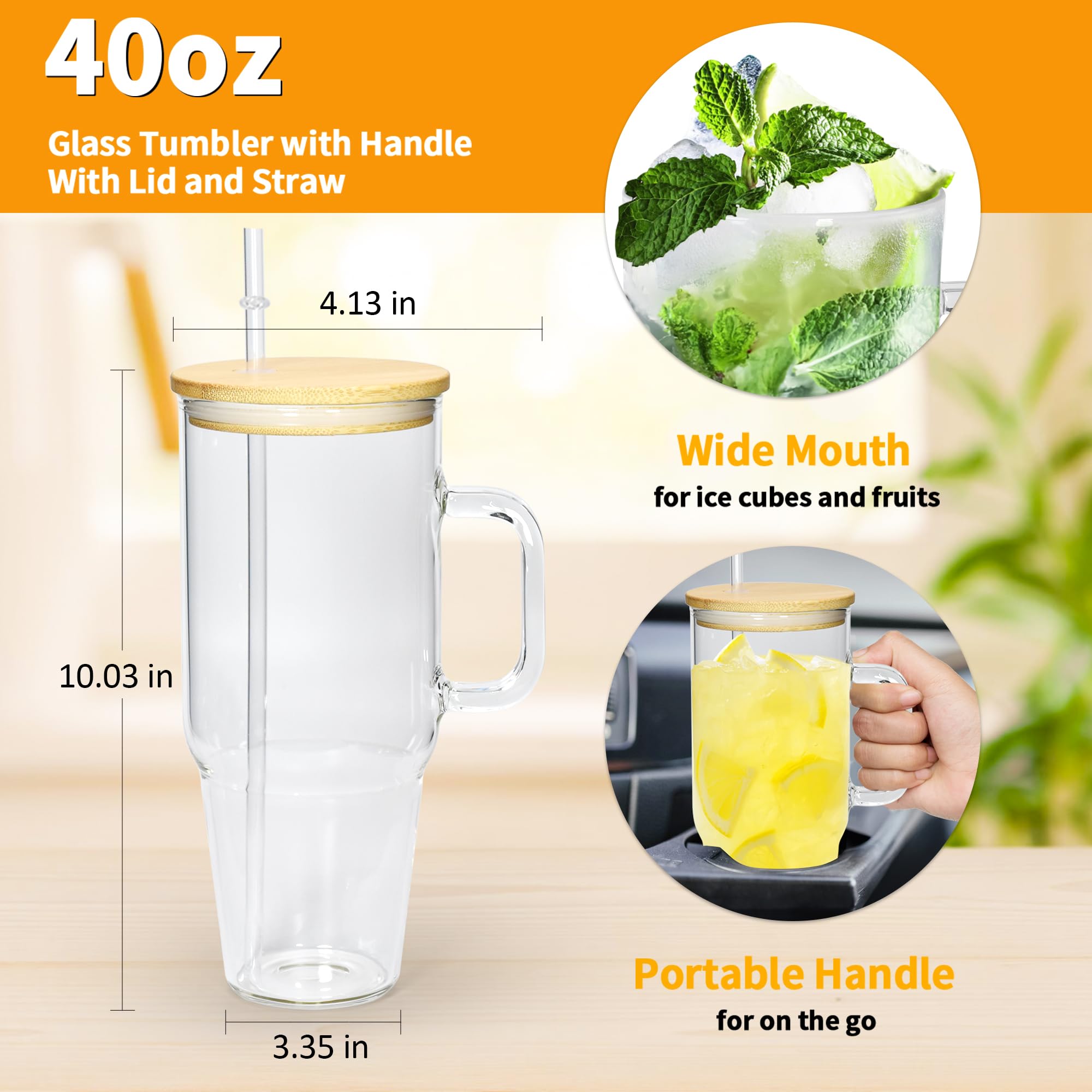 40 oz Glass Tumbler with Handle 12 Pack Glass Tumbler with Straw and Lid Clear Reusable Iced Coffee Cup, Fits Car Cup Holder, BPA Free, for Boba Tea, Juice, Smoothie, Beer(Sublimatable)