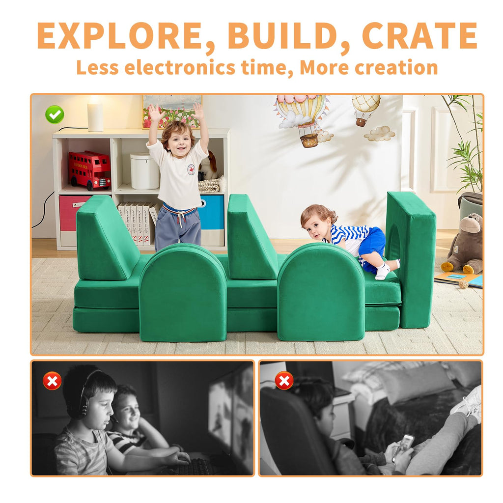 wanan Kids Couch 10PCS, Modular Kids Play Couch for Playroom Bedroom, 10 in 1 Multifunctional Kid Sofa for Playing, Creativing, Sleeping, Indoor Toddler Couches for Boys and Girls(Dark Grey)